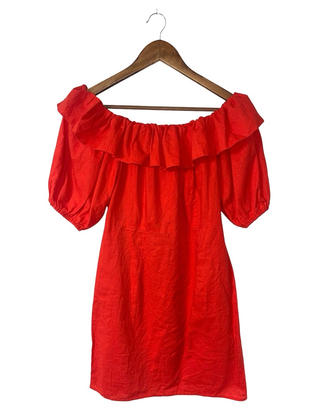 NEW H&M Linen Cotton Blend Red Orange Off Shoulder Mini Dress Summer Size Medium